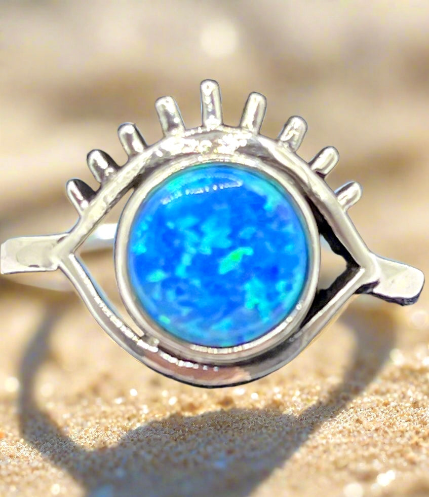 Blue Opal Eye Sterling Silver Ring 8.5