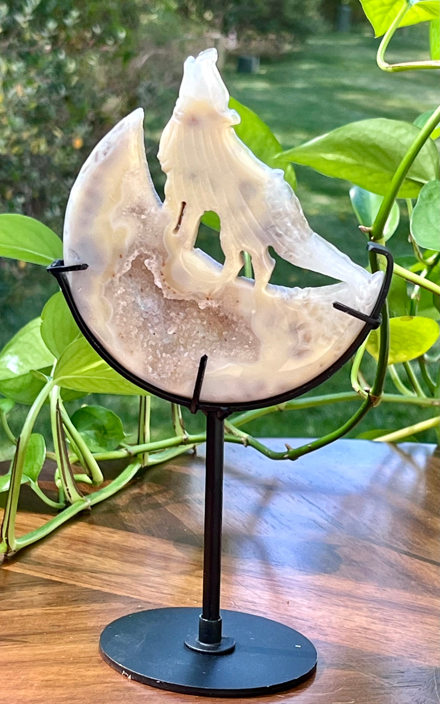 Agate Wolf in Moon on stand